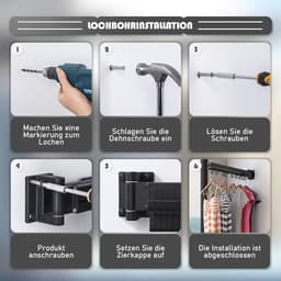 Opvouwbaar Droogrek voor Wandmontage - Intrekbaar en Draaibaar Kledingrek met Haken voor Balkon en Kasten — thumbnail 3