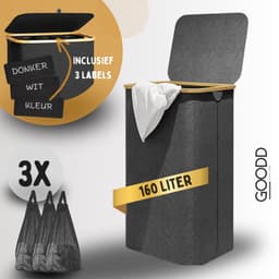 GOODD® - Wasmand - Wasmand 3 vakken - Wasmand met deksel - Wassorteerder - Donker Grijs - 160 Liter — thumbnail 1