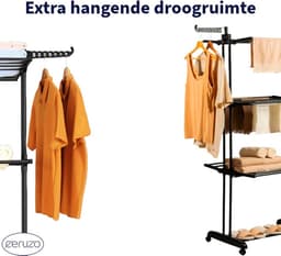 Wasrek Inklapbaar - 75x64x178 cm - Wastoren -Droogtoren met Wieltjes -Zwart — thumbnail 2