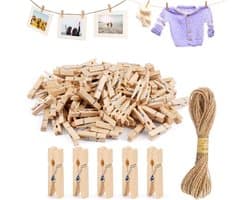 Houten Wasknijpers - Hout - 3,5 cm - Natuurlijke Kleine Knijpers met Jute Touw - Voor Creatieve Projecten