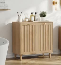 Wasmand Kast Houtlook - Badkamerkast met Kantelbare Wasmand - 2 Deuren - Opbergkast Handdoeken - 69.5 x 35 x 70.5 cm - Max 50kg - Modern Design — thumbnail 3