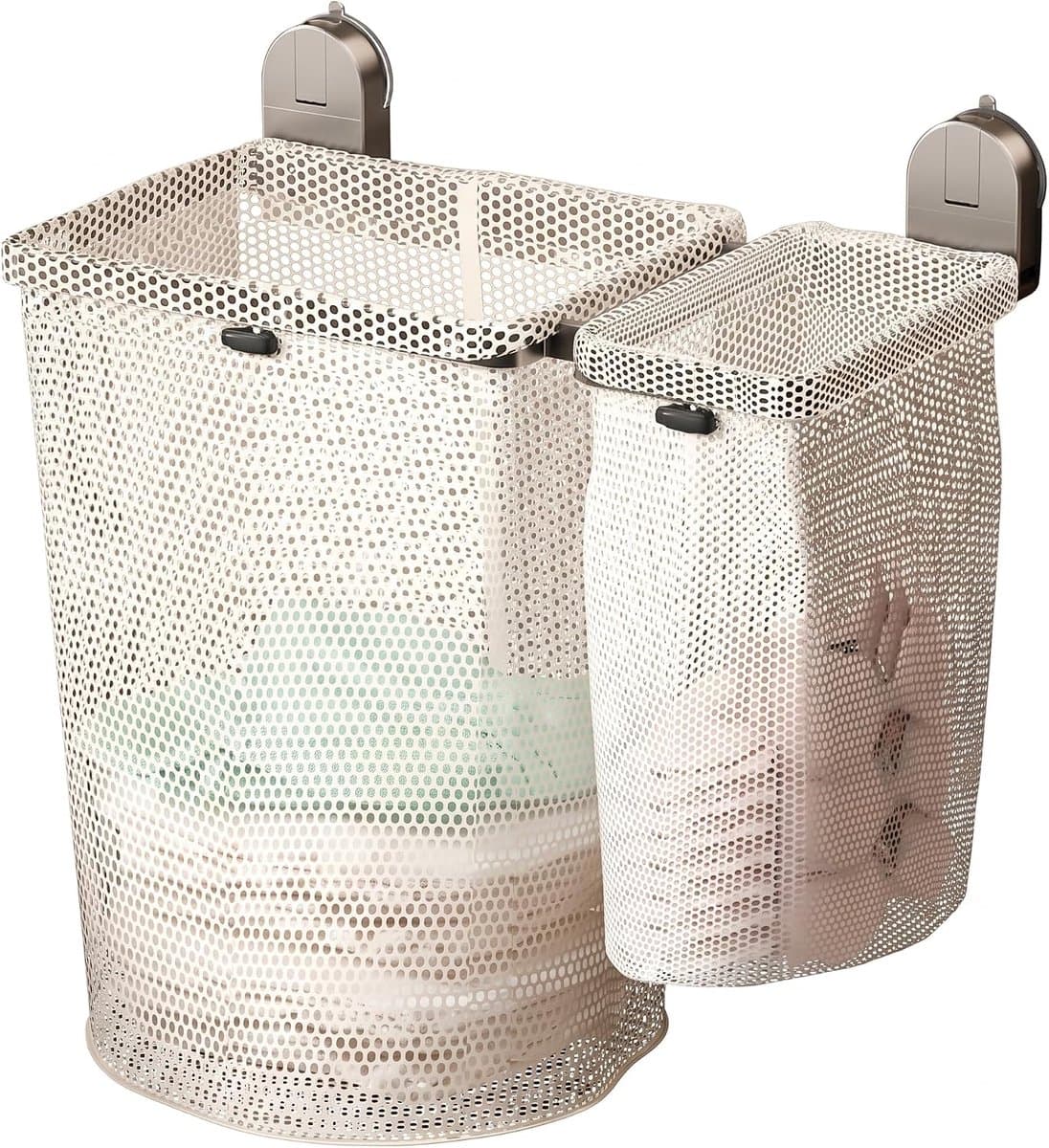 Ulisem - Zuignap wasmand - 2026 nieuw grijs set groot + klein - Wandmontage zonder boren - Sterke zuignap voor glas en tegels - Afneembare mesh zak voor wasgoed - Ademend gaas voorkomt geurtjes - Voor student, slaapkamer en badkamer - Grijs — afbeelding 1