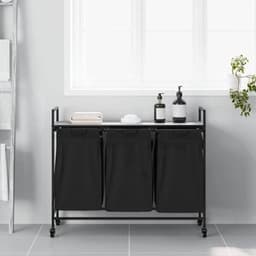 Wasmand – Wasbak – Laundry Basket – Wasbox – Wascontainer – 3 Compartimenten – Wieltjes Met Rem – Stevig Stalen Frame – Sonoma Grijs Houten Plank — thumbnail 4