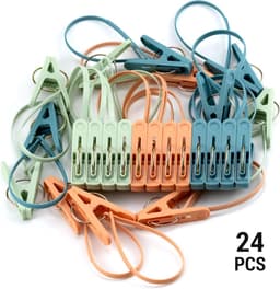 24 Stuks Plastic Wasknijpers - Kunststof Wasknijpers - Inclusief Ophangkoord - 360° Rotatie - Kleding Ophangen - Ook Te Gebruiken Als Kledinghangers met Clips, Zaksluiters, Fotoknijpers en Knutselclips - Oranje, Groen, Blauw — thumbnail 4