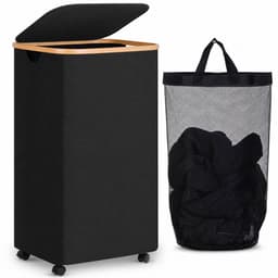 Vouwbaar - Wasmand met deksel - 100 liter met wielen en rem - Bamboe handvatten en afneembare zak - Geschikt voor badkamer, slaapkamer en wasruimte — thumbnail 1