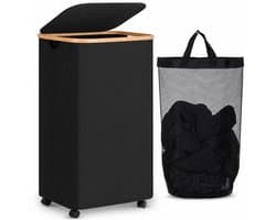 Vouwbaar - Wasmand met deksel - 100 liter met wielen en rem - Bamboe handvatten en afneembare zak - Geschikt voor badkamer, slaapkamer en wasruimte