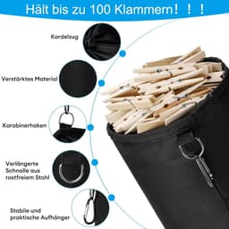 Wasknijper Tas - Opberger Klemmen - Kleding Drogen - Met Ophanghaak - Diameter 15cm - Zwart — thumbnail 4