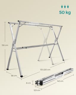 NAVOBIZ Inklapbaar droogrek - Wasrek - Kleding droogrek - Uitschuifbaar - 50 kg draagvermogen - Stabiele X-constructie - Zilver — thumbnail 2
