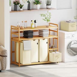 DREAM Wasmand met 5 vakken, 2 planken, wasverzamelaar, 190 liter, wasboxen met mand, wassorteerder met 3 waszakken en 2 stoffen boxen, waszak, bamboe, wasrek, wasmand, beige — thumbnail 5