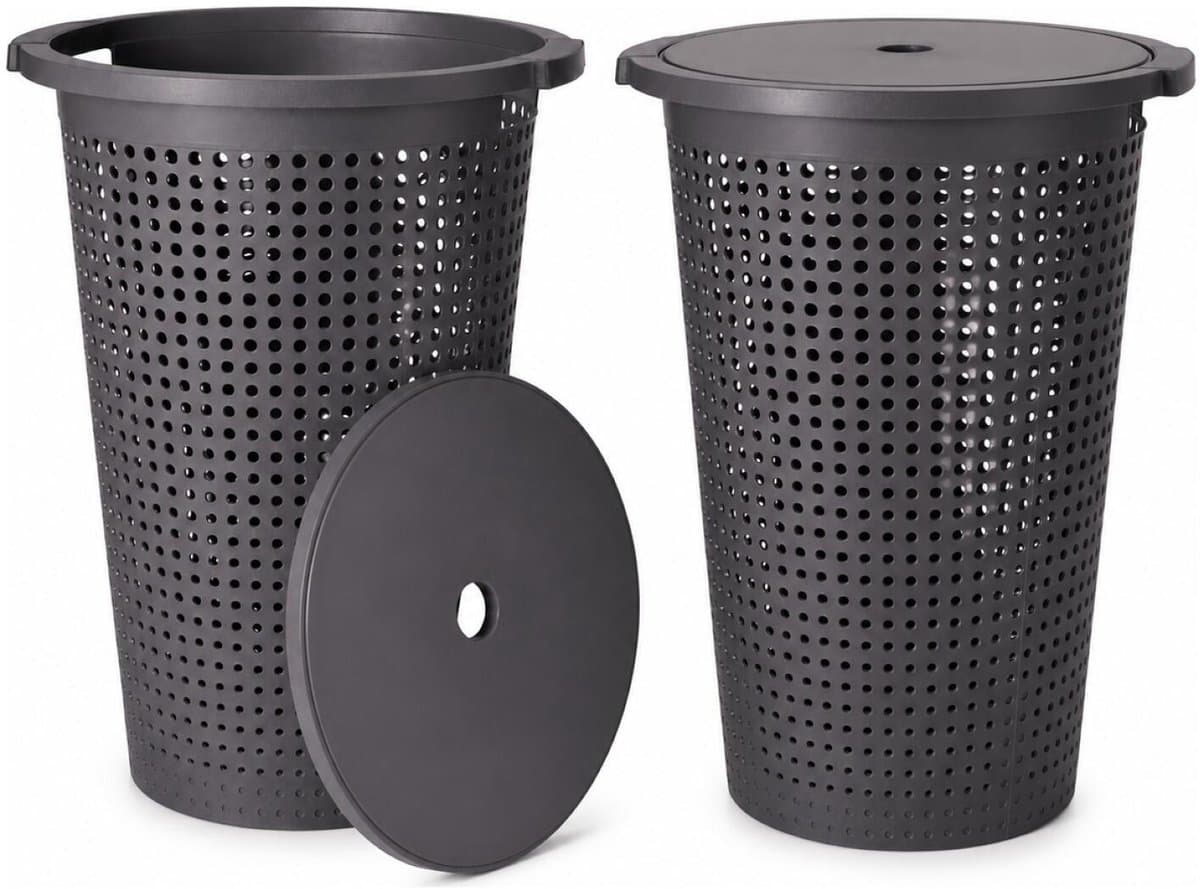 Storage Solutions Wasmand met deksel - 2x - donkergrijs - 35 liter - 40 x 52 cm - kunststof - rond - wasbox - mand voor wasgoed — afbeelding 1