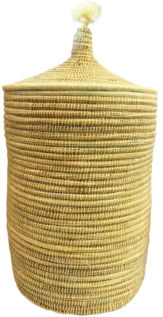 Marokkaanse Wasmand - Handgemaakte Rieten Opbergmand - Grote Marokkaanse Berber Wasmand met Deksel - Natuurlijke Opbergmand voor Wasgoed, Speelgoed & Dekens - Gevlochten Zeegras - Ø40 x 60 cm - Naturel — afbeelding 1