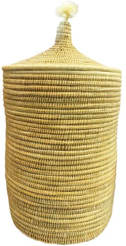 Marokkaanse Wasmand - Handgemaakte Rieten Opbergmand - Grote Marokkaanse Berber Wasmand met Deksel - Natuurlijke Opbergmand voor Wasgoed, Speelgoed & Dekens - Gevlochten Zeegras - Ø40 x 60 cm - Naturel — thumbnail 1