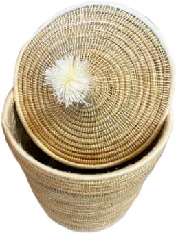 Marokkaanse Wasmand - Handgemaakte Rieten Opbergmand - Grote Marokkaanse Berber Wasmand met Deksel - Natuurlijke Opbergmand voor Wasgoed, Speelgoed & Dekens - Gevlochten Zeegras - Ø40 x 60 cm - Naturel — thumbnail 2