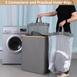 iEGrow Wasmand, 2 compartimenten, 150 liter, grote wasmand met uitneembare en wasbare binnenzakken, met deksel en handvat, voor slaapkamer, wasruimte, badkamer (grijs) — thumbnail 4