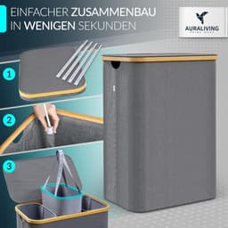 Wasmand 3 vakken – 160 l wassorteerder & wasverzamelaar met deksel – bamboeframe en stabiele metalen ringen – opvouwbaar, smal & met 3 uitneembare, wasbare zakken – grijs — thumbnail 2
