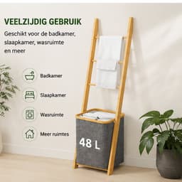 Noventra handdoekhouder met wasmand-handoekrek-badkamer accessoires-inclusief wasmand-43 x 35 x 133 cm-bamboehout- — thumbnail 2