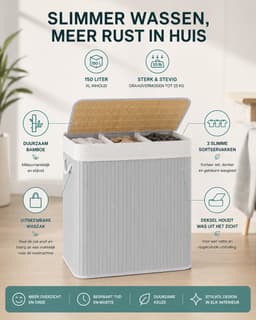 Luniva Wasmand 3 Vakken 150L - Wassorteerder met Deksel - Inclusief 3 Uitneembare Waszakken - Opvouwbaar - Bamboe - Lichtgrijs — thumbnail 4