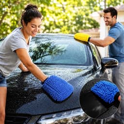 Set van 2 autowashandschoenen, chenille, dubbelzijdig, absorberend en waterdicht, 19 x 26 cm, krasbestendig, voor reiniging van auto/motorfiets, geel + blauw — thumbnail 3