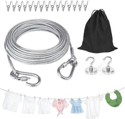 waslijn, 5 m, roestvrij stalen kabel, 2,0 mm, draagbare reiswaslijn met 15 metalen klemmen, 2 magnetische haken en zakken, outdoor waslijn voor camper, balkon, tuin — thumbnail 1