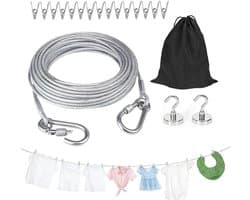 waslijn, 5 m, roestvrij stalen kabel, 2,0 mm, draagbare reiswaslijn met 15 metalen klemmen, 2 magnetische haken en zakken, outdoor waslijn voor camper, balkon, tuin