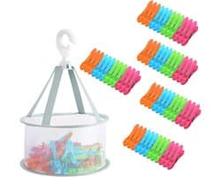 Thijox - 60 Stuks Wasknijpers met Mand - Windbestendige Plastic Wasknijpers Groot voor Kleding en Sokken - Inclusief Opbergnet en Kleurrijke Knijpers