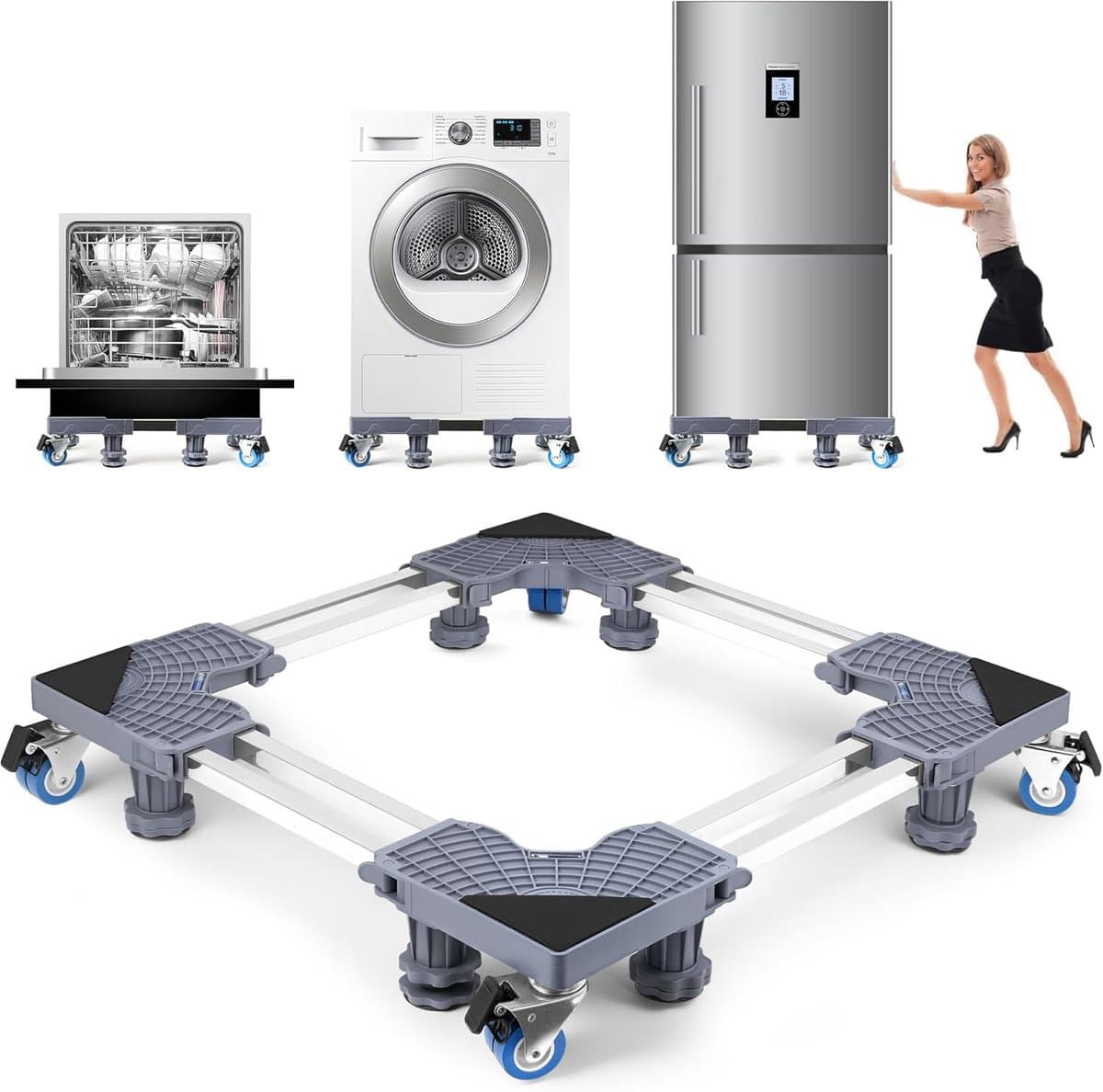 Wasmachine Verhoger op Wielen – Verstelbaar 45-68 cm – Max. 400 kg – Anti-Trilling – Verplaatsbare Onderwagen — afbeelding 1