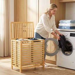 Wasmand 55 x 36 x 64,2 cm houtkleur bamboe, opvouwbare wasmand, dubbele wasmand met deksel, 2 uitneembare binnentassen, bovenplank, ademend raster, compact, stabiel, voor slaapkamer, badkamer — thumbnail 5