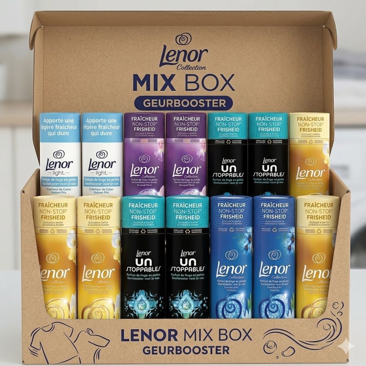 Lenor Geurbooster Mix Doos - Voordeelverpakking 14 stuks a 235 gram - Wasparfum Wasmiddel Versterker - 5 Geuren Mix: Unstoppables Fris, Amber & Orchidee, Zeebries, Bloemboeket, Katoen Fris — afbeelding 1