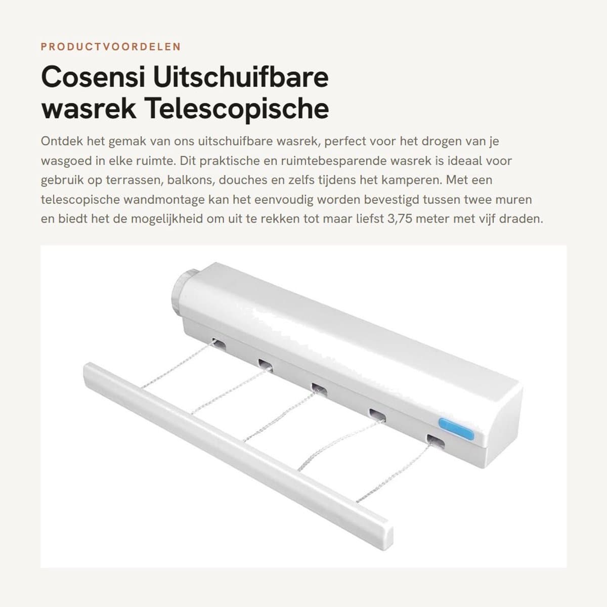 Dailygoods- Wasrek Uitschuifbaar 3,75 m - Telescopische Wanddroogrek - Ruimtebesparend - Voor Binnen/Buiten - Eenvoudig te Installeren - 4/5 Draden - Waslijn — afbeelding 1