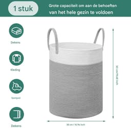 Lemonmax Ronde wasmand opbergmand - Gevlochten speelgoedmand met handvatten 58 L - Voor kinderkamer slaapkamer woonkamer - 38x50 cm - Wit Grijs — thumbnail 2