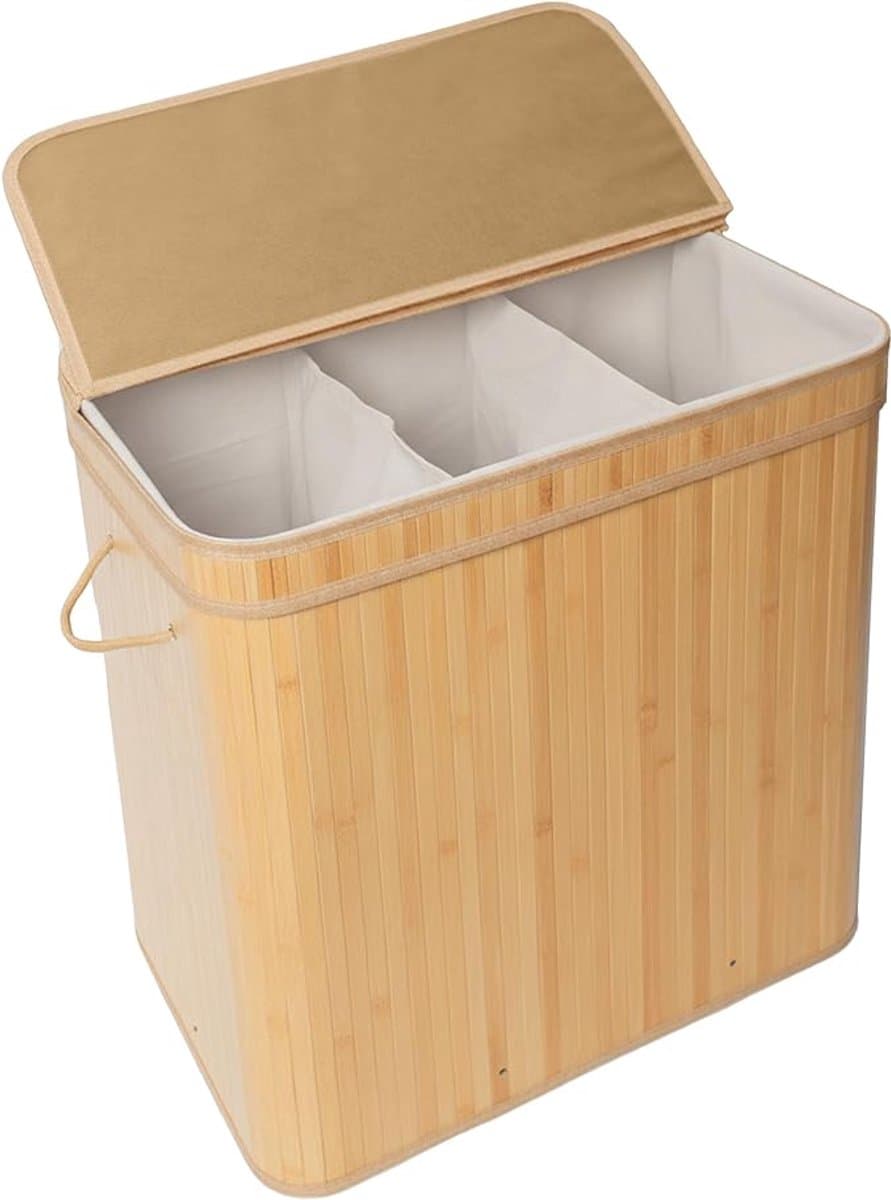 Wasmand Met Deksel - Bamboe Wasmand Met 3 Vakken - 150L Kledingmand Voor Was Sorteren - Grote Wasbox Voor Badkamer En Slaapkamer - Natuurlijke Uitstraling — afbeelding 1