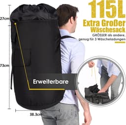 Waszak voor op reis, vuile was, XXL, 115 liter, waszak met 2 gevoerde schouderbanden, waterdichte waszak, opvouwbare opbergzak, dagrugzak, plundry bag — thumbnail 5