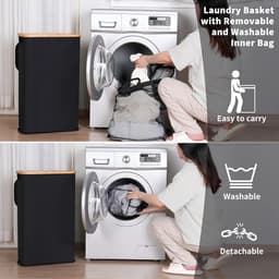 Wasmand 60 Liter met Deksel - Smalle Kledingmand - Opvouwbare Wasmand met Wasbare Uitneembare Binnenzak - Voor Badkamer Slaapkamer en Wasruimte - Zwart — thumbnail 5