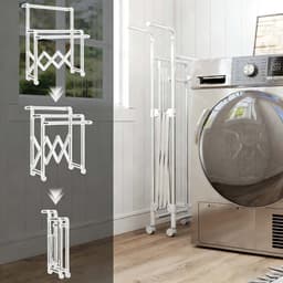 Inklapbare Vrijstaande Droogrek 103x104-150x197cm Zilver Stevig en Duurzaam Rvs Frame Met 3 Verstelbare Droogstangen en Wieltjes Gemakkelijk Te Verplaatsen Inklapbaar Ontwerp Bespaart Ruimte Geschikt voor Binnen en Buiten — thumbnail 2
