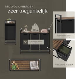 tectake® Wassorteerder - Wasmand met 3 vakken en deksel - Industriële stijl - Uittrekbare vakken - In hoogte verstelbare kunststof voetjes - Wasbox - Waskorf - 34x93,5x72cm — thumbnail 4