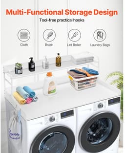Wasmachine- en droger werkblad - Aanrechtblad met 2-laags opbergplank - 137 x 70 x 41,9 cm - Antislip pads - Waterbestendig - Wit — thumbnail 3