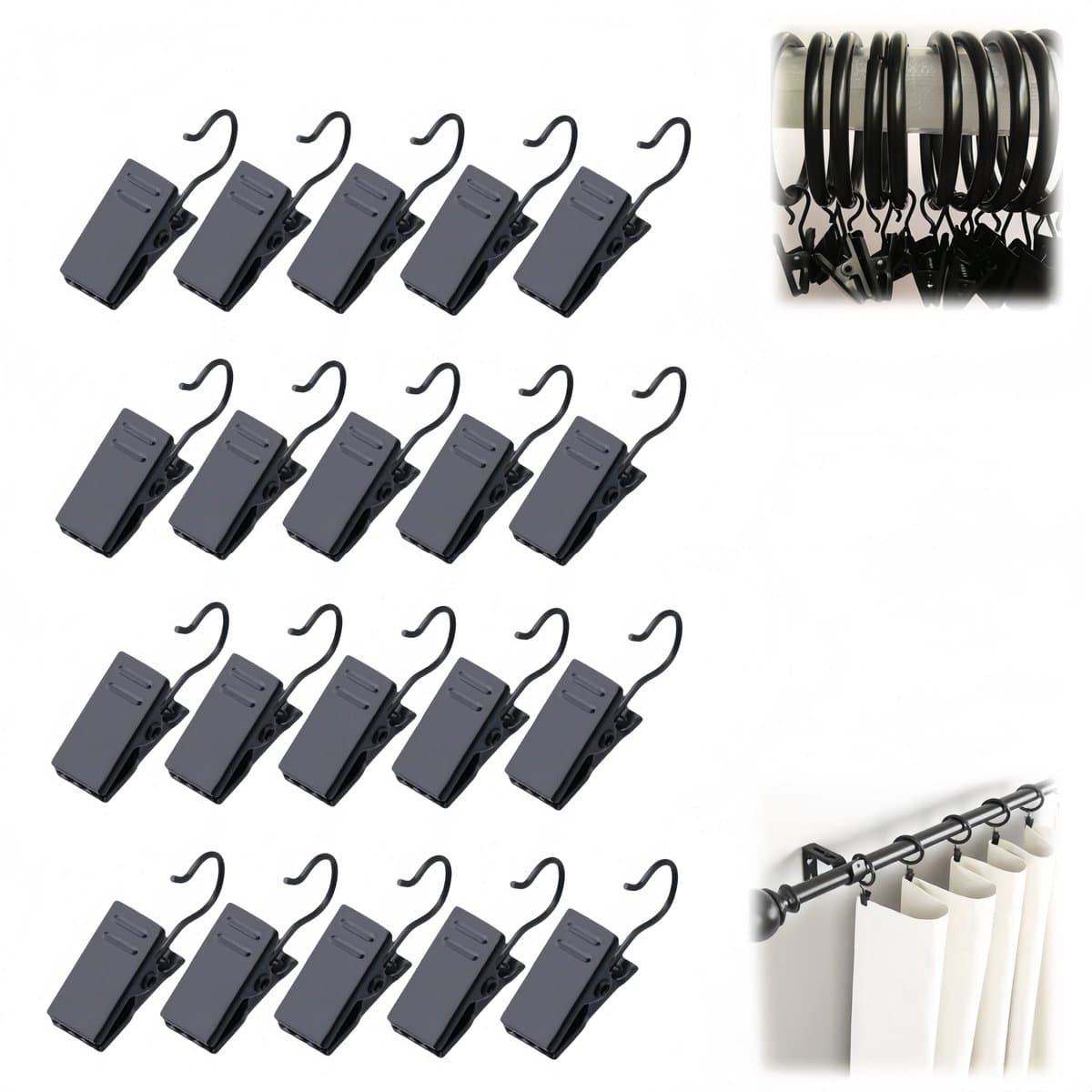 20 stuks - Gordijncliphaken - Kleine gordijnclips - Zwarte gordijnclips - Badkameraccessoires - Eenvoudig te installeren - Geschikt voor badkamers - Matzwart - 32*9,2 mm — afbeelding 1