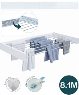 BAUER & MEYER® Wanddroogrek XXL 116cm - Droogrek Inklapbaar - Incl. 10 wasknijpers + 1x wasmand - Wasrek - 8.1 Meter drooglengte - Wit — thumbnail 1