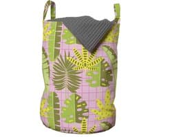 ABAKUHAUS Exotische waszak, Tropische bladeren op ruitpatroon, Wasmand met handvatten, Trekkoordsluiting, Voor wasserettes, 33 cm breed x 49 cm hoog, Multicolor
