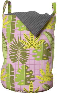 ABAKUHAUS Exotische waszak, Tropische bladeren op ruitpatroon, Wasmand met handvatten, Trekkoordsluiting, Voor wasserettes, 33 cm breed x 49 cm hoog, Multicolor — thumbnail 1