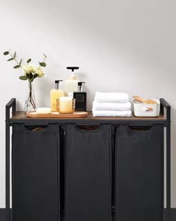 Wasmand 3 Vakken – Metalen Frame met Houten Blad – 3 Uitneembare Waszakken – Was Sorteren Toonbank – Zwart – 92,5 cm — thumbnail 3