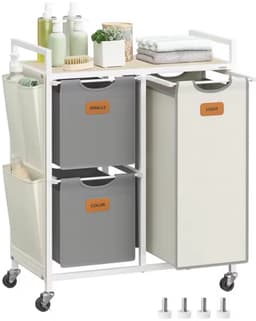 Wasmand 100L met 3 Vakken & Wielen – Metalen Frame met Houten Bovenblad – Inclusief 3 Zijvakken – Uitneembare Waszakken – Was Sorteren – Wit/Grijs — thumbnail 1
