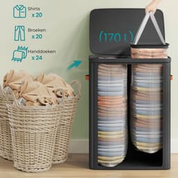 Grote Wasmand 170L – 2-vaks Wassorteerder – Met Deksel & Afneembare Binnenzakken - Zwart - 56x40x75 cm — thumbnail 5
