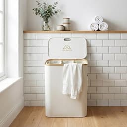 MAZAZU Wasmand met 3 Vakken - 150 Liter - Beige & Bamboe - Wassorteerder met Deksel - Uitneembare Waszakken - Incl. Labels & Zijvak — thumbnail 4