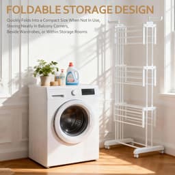 Soontrans Metalen Wasrek Met Wielen – Inklapbaar & Uitschuifbaar, 3 Verdiepingen Droogtoren 66x50x170cm, Multifunctioneel Voor Binnen/Buiten/Balkon, Stevig en Langleven, Inclusief 2 Sokkenclips en 1 Dubbellaagse Droogmand (Wit) — thumbnail 4