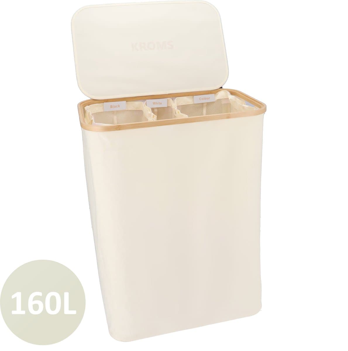 KROMS Wasmand 3 vakken - Beige - 160L - Extra groot model - Inclusief NL & ENG Labels – Wassorteerder bamboe - Laundry basket - Wasmand met deksel - Opvouwbaar — afbeelding 1