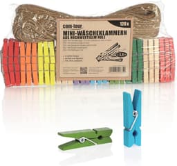 Mini Wasknijpers en Jute Touw - 120 Kleurrijke Houten Clips voor Decoratie van Foto's en Collages — thumbnail 1
