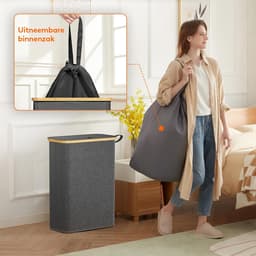 Slimme Smalle Wasmand 50L met Deksel en Handgrepen – Donkergrijs – Opvouwbare Waskorf met Uitneembare Binnenzak voor Kleine Ruimtes, Badkamer, Slaapkamer en Camper — thumbnail 2