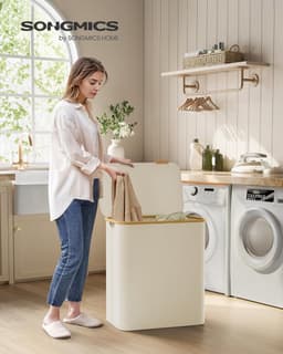 SONGMICS LCB515W01 Wasmand met 3 vakken, 150 liter, wasmand met opvouwbaar deksel, afneembare waszak, oxfordstof, handgrepen van bamboe, opvouwbaar, 60 x 38,5 x 70,5 cm, crèmewit — thumbnail 5