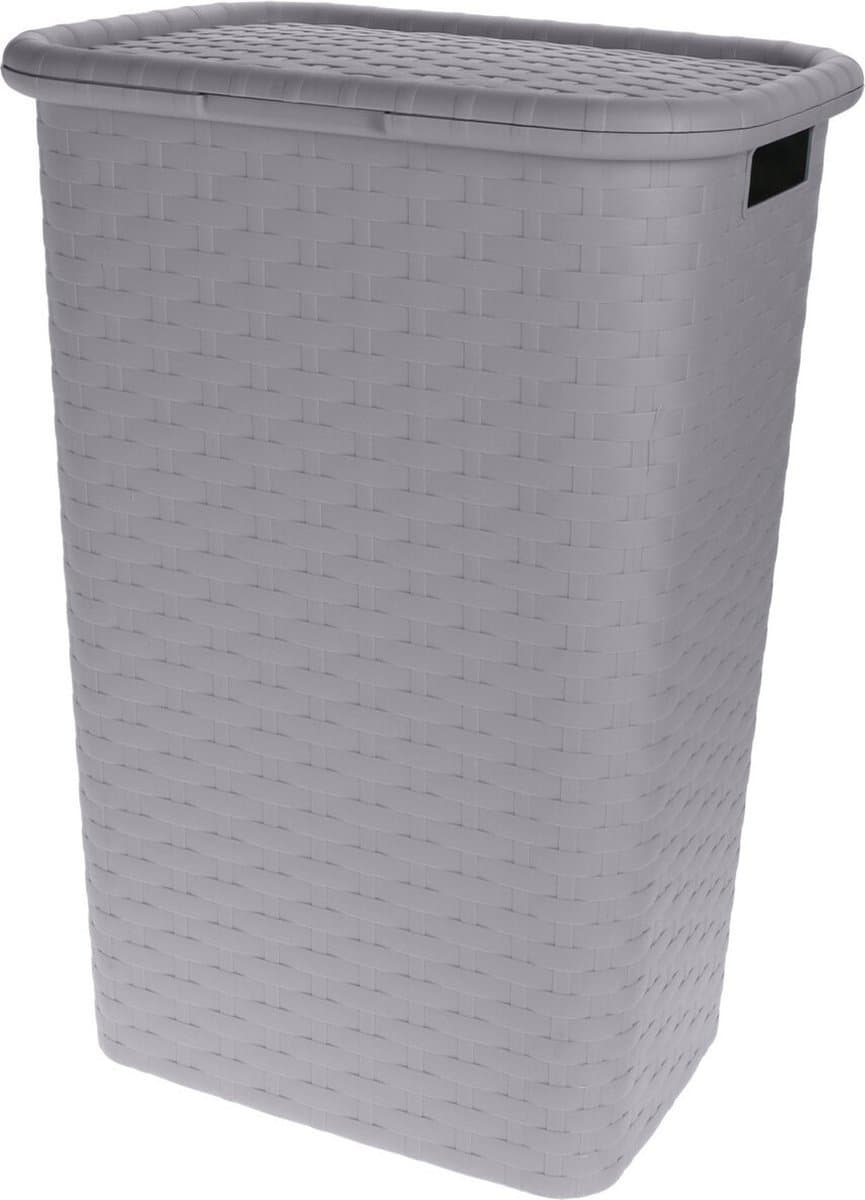 Storage Solutions Wasmand - rotan - met deksel - grijs - 60 liter - 33 x 44 x 60 cm - gevlochten kunststof — afbeelding 1
